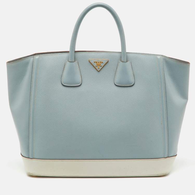 Pre Owned Prada Light Blue/White Saffiano Lux Leather Large Shopper Tote