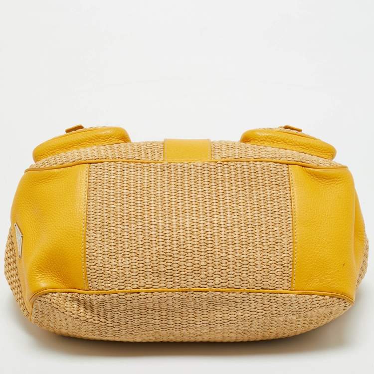 Pre Owned Prada Yellow/Natural Raffia and Leather Front Pocket Satchel