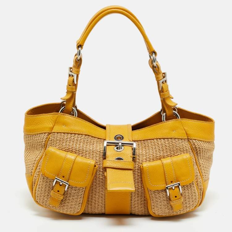 Pre Owned Prada Yellow/Natural Raffia and Leather Front Pocket Satchel
