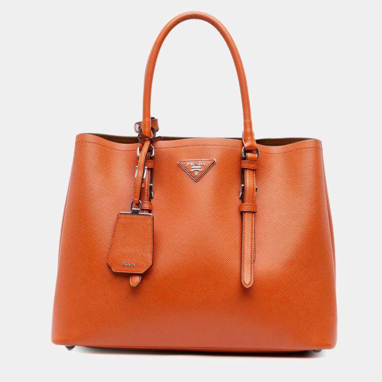 Pre Owned Prada Orange Medium Saffiano Cuir Double Satchel