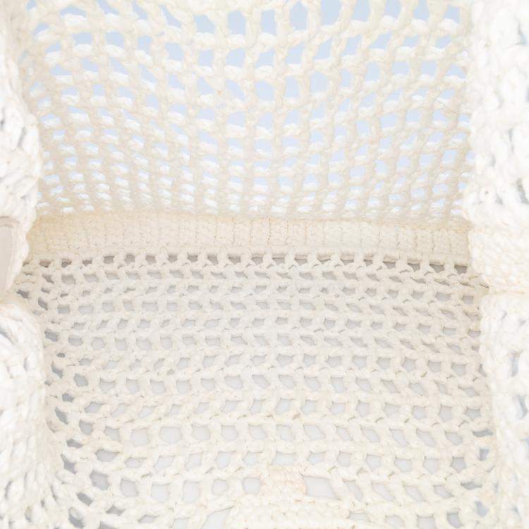 Pre Owned Prada White Raffia Effect Crochet Logo Embroidered Tote