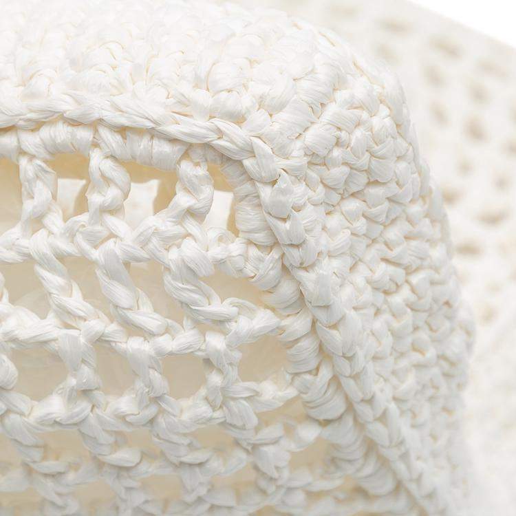 Pre Owned Prada White Raffia Effect Crochet Logo Embroidered Tote