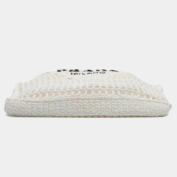 Pre Owned Prada White Raffia Effect Crochet Logo Embroidered Tote