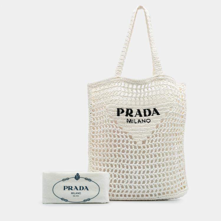 Pre Owned Prada White Raffia Effect Crochet Logo Embroidered Tote