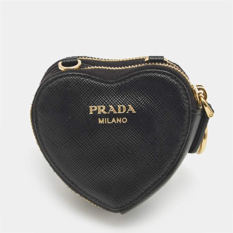 Pre Owned Prada Black Saffiano Leather Heart Double Pouch