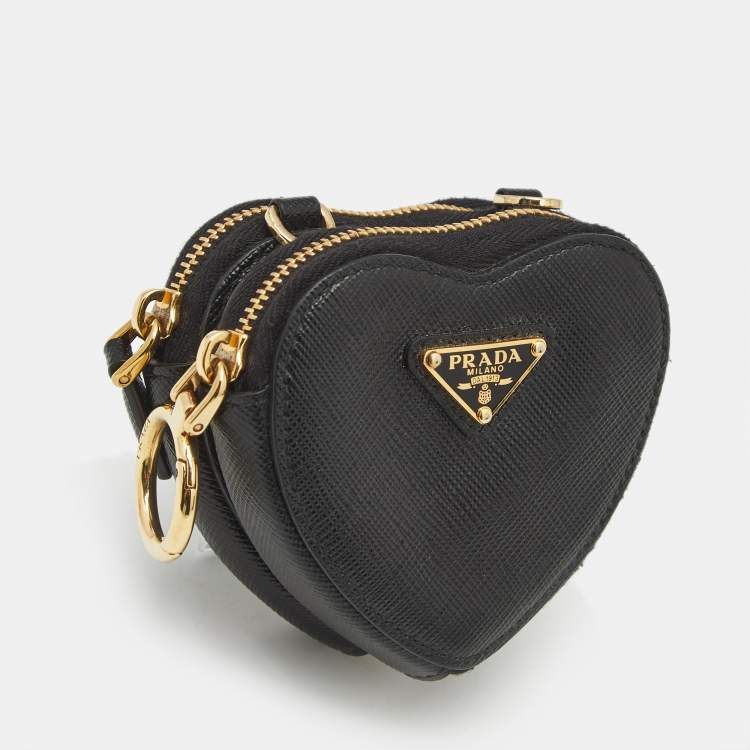 Pre Owned Prada Black Saffiano Leather Heart Double Pouch