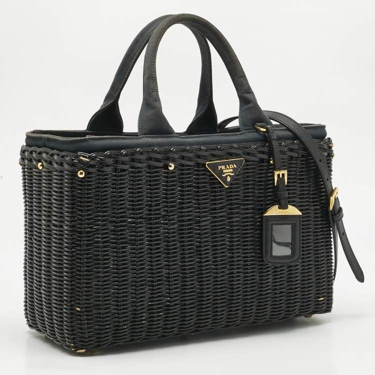Pre Owned Prada Black Wicker and Canvas Large Midollino Tote