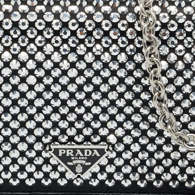 مملوكة مسبقًا Prada Black Satin Crystal Embellished Wallet on Chain