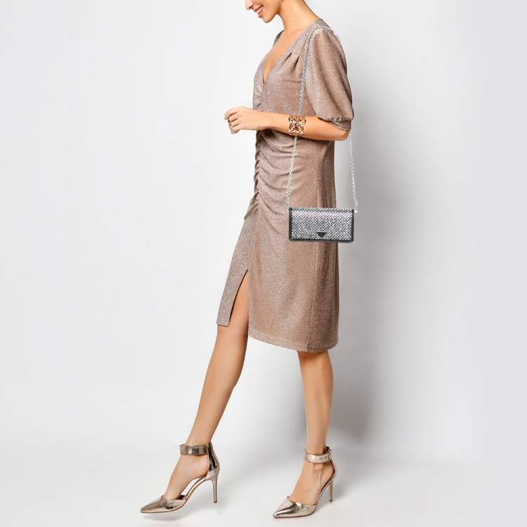 مملوكة مسبقًا Prada Black Satin Crystal Embellished Wallet on Chain