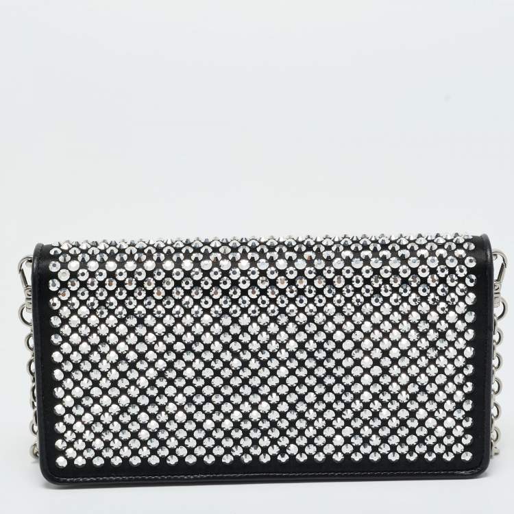 مملوكة مسبقًا Prada Black Satin Crystal Embellished Wallet on Chain