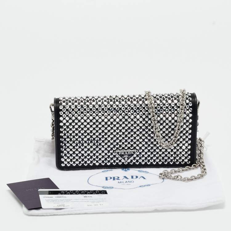 مملوكة مسبقًا Prada Black Satin Crystal Embellished Wallet on Chain