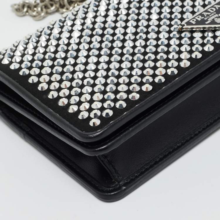 مملوكة مسبقًا Prada Black Satin Crystal Embellished Wallet on Chain
