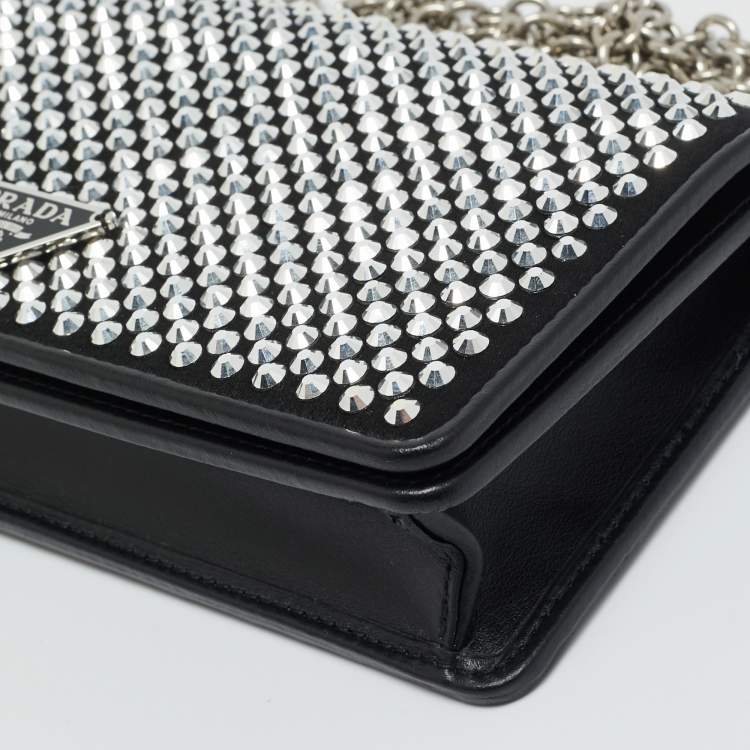 مملوكة مسبقًا Prada Black Satin Crystal Embellished Wallet on Chain