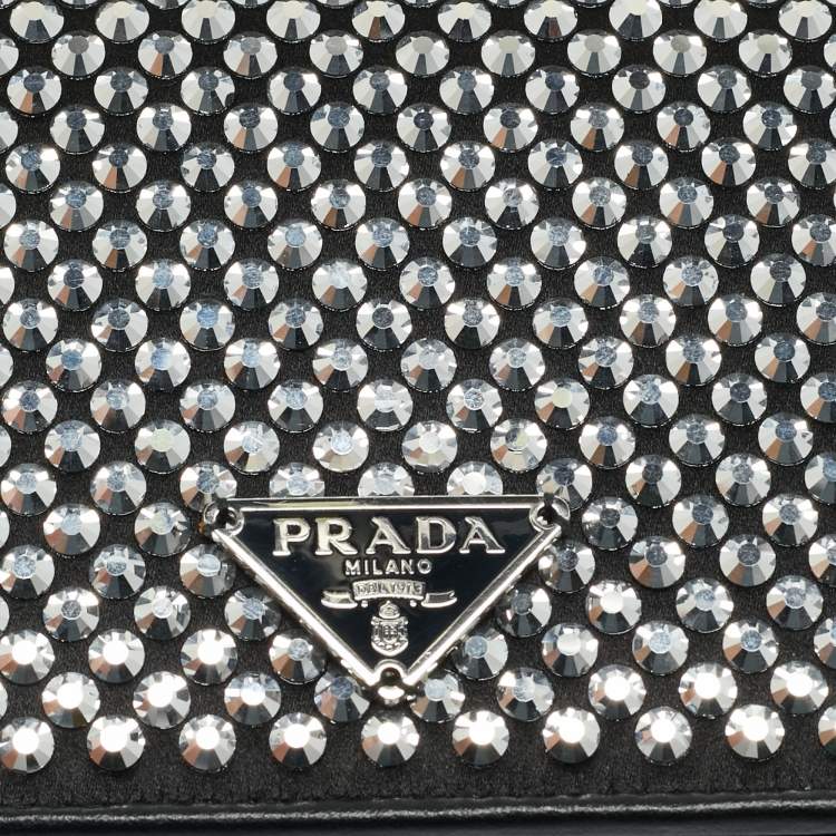 مملوكة مسبقًا Prada Black Satin Crystal Embellished Wallet on Chain