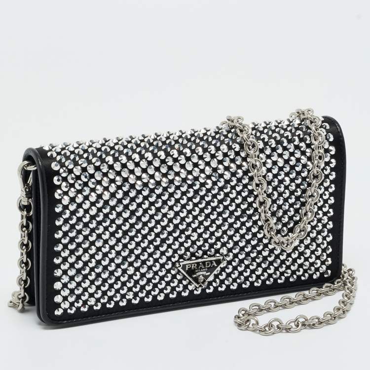 مملوكة مسبقًا Prada Black Satin Crystal Embellished Wallet on Chain