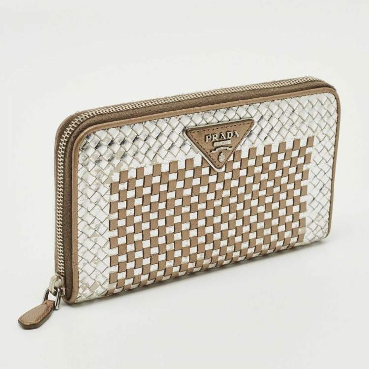 Pre Owned Prada Silver/Gold Woven Madras Leather Zip Continental Wallet