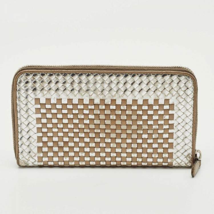 Pre Owned Prada Silver/Gold Woven Madras Leather Zip Continental Wallet
