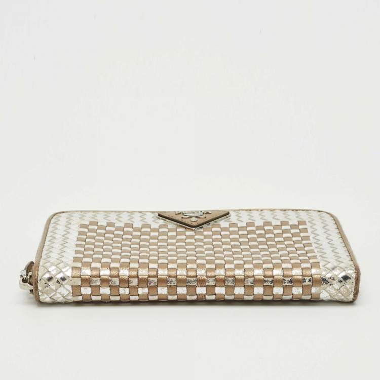 Pre Owned Prada Silver/Gold Woven Madras Leather Zip Continental Wallet