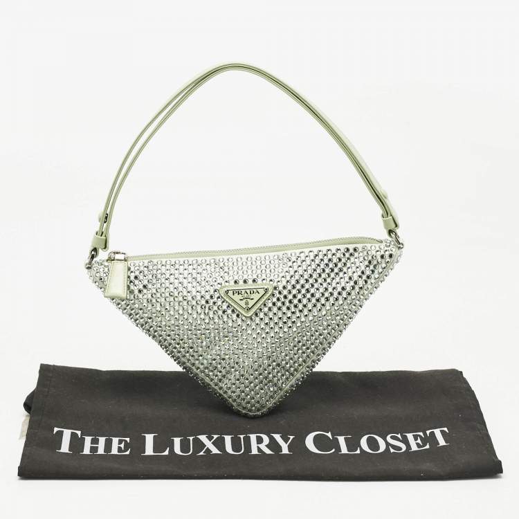 Pre Owned Prada Mint Green Satin Crystal Studded Triangle Shoulder Bag