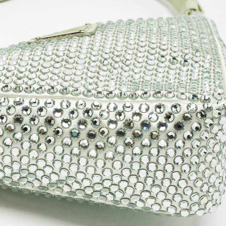 Pre Owned Prada Mint Green Satin Crystal Studded Triangle Shoulder Bag