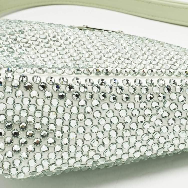 Pre Owned Prada Mint Green Satin Crystal Studded Triangle Shoulder Bag