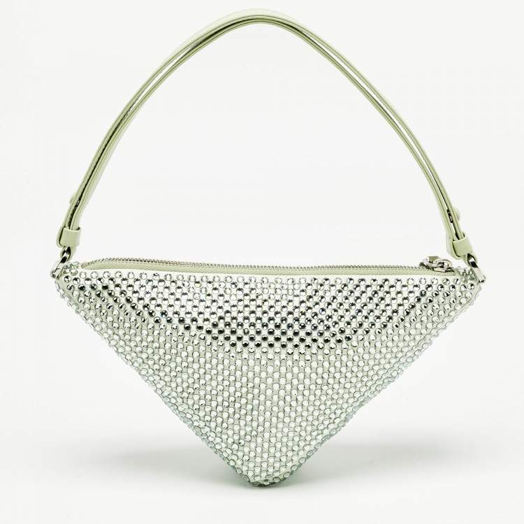 Pre Owned Prada Mint Green Satin Crystal Studded Triangle Shoulder Bag