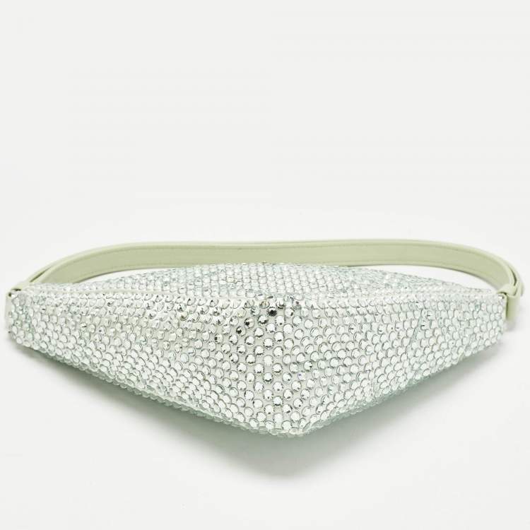 Pre Owned Prada Mint Green Satin Crystal Studded Triangle Shoulder Bag