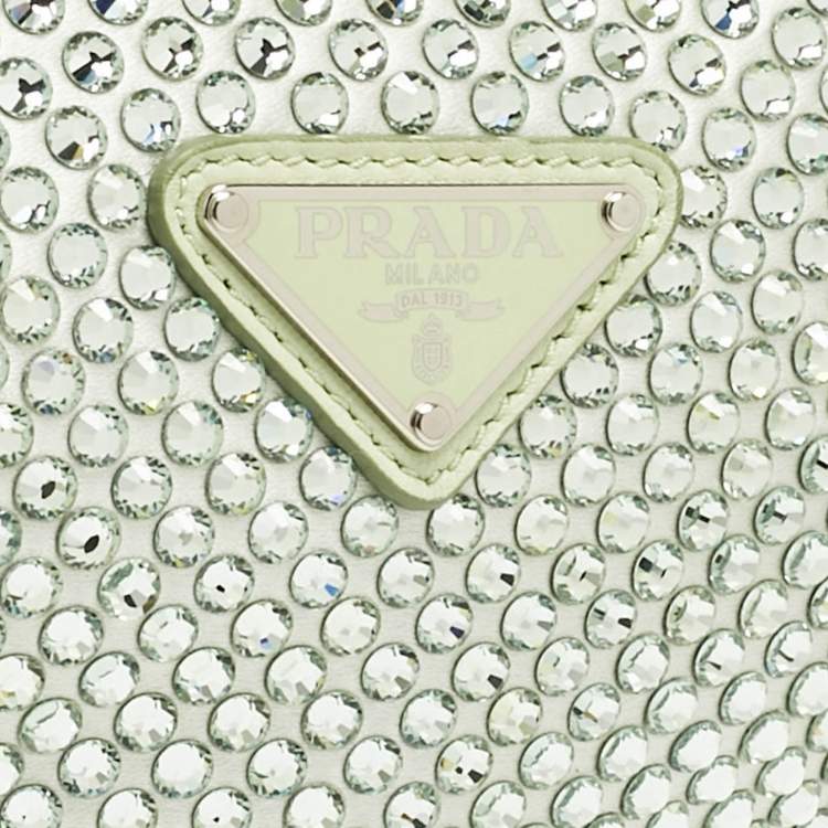 Pre Owned Prada Mint Green Satin Crystal Studded Triangle Shoulder Bag