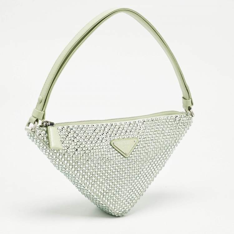 Pre Owned Prada Mint Green Satin Crystal Studded Triangle Shoulder Bag