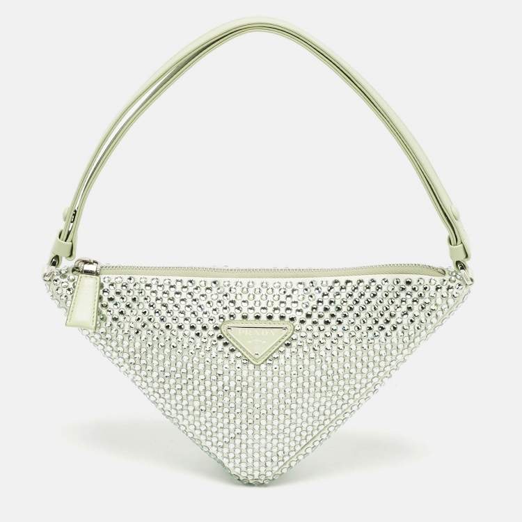 Pre Owned Prada Mint Green Satin Crystal Studded Triangle Shoulder Bag