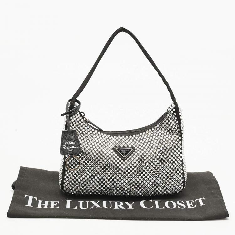 Pre Owned Prada Black Satin Crystals Re-Edition 2000 Shoulder Bag
