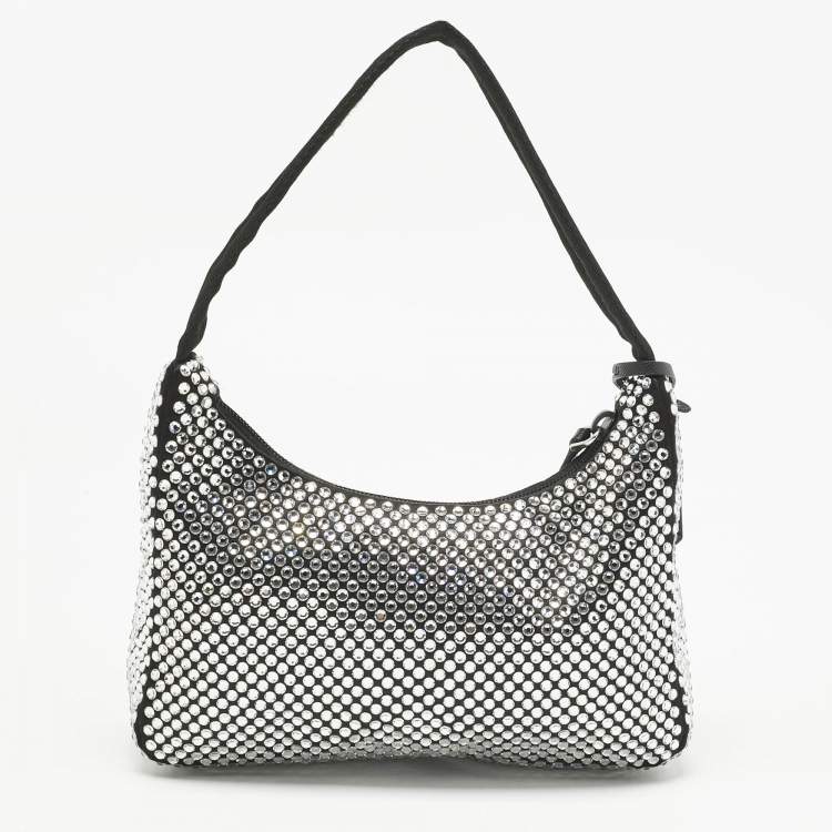 Pre Owned Prada Black Satin Crystals Re-Edition 2000 Shoulder Bag
