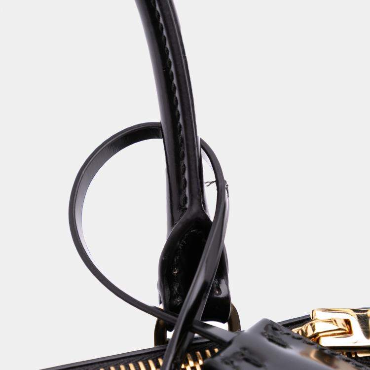 Pre Owned Prada Black Mini Brushed Leather Floral Print Galleria Double Zip Satchel