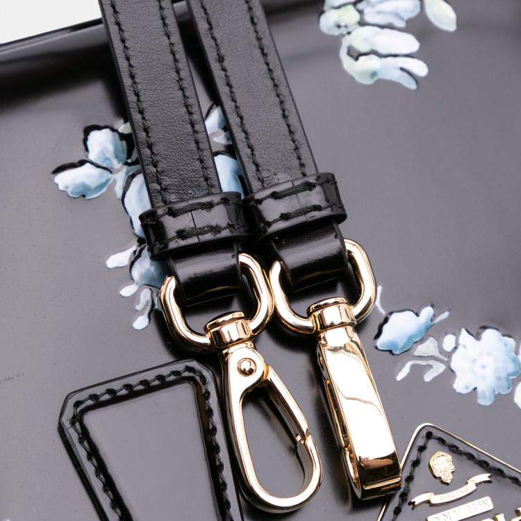 Pre Owned Prada Black Mini Brushed Leather Floral Print Galleria Double Zip Satchel