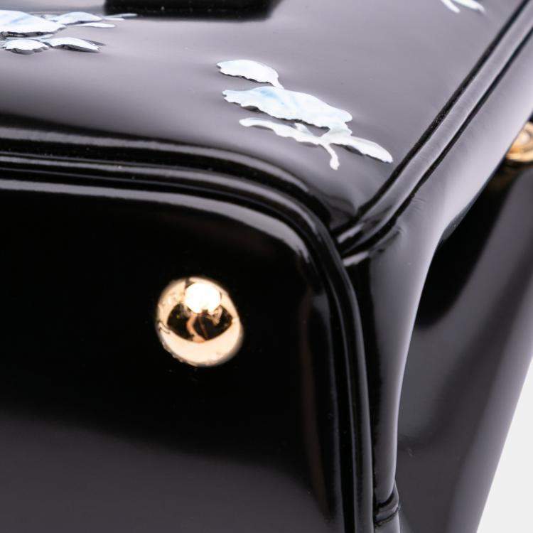 Pre Owned Prada Black Mini Brushed Leather Floral Print Galleria Double Zip Satchel