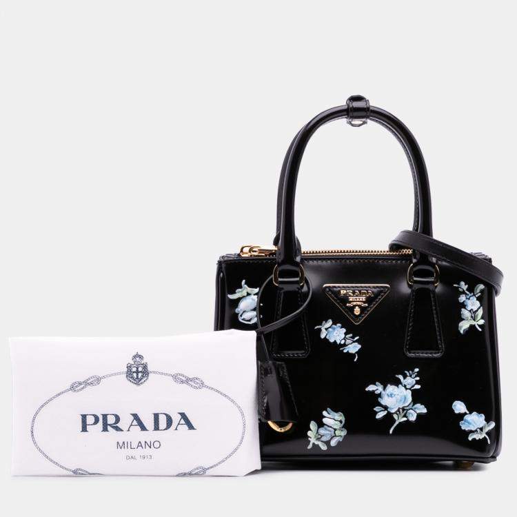 Pre Owned Prada Black Mini Brushed Leather Floral Print Galleria Double Zip Satchel