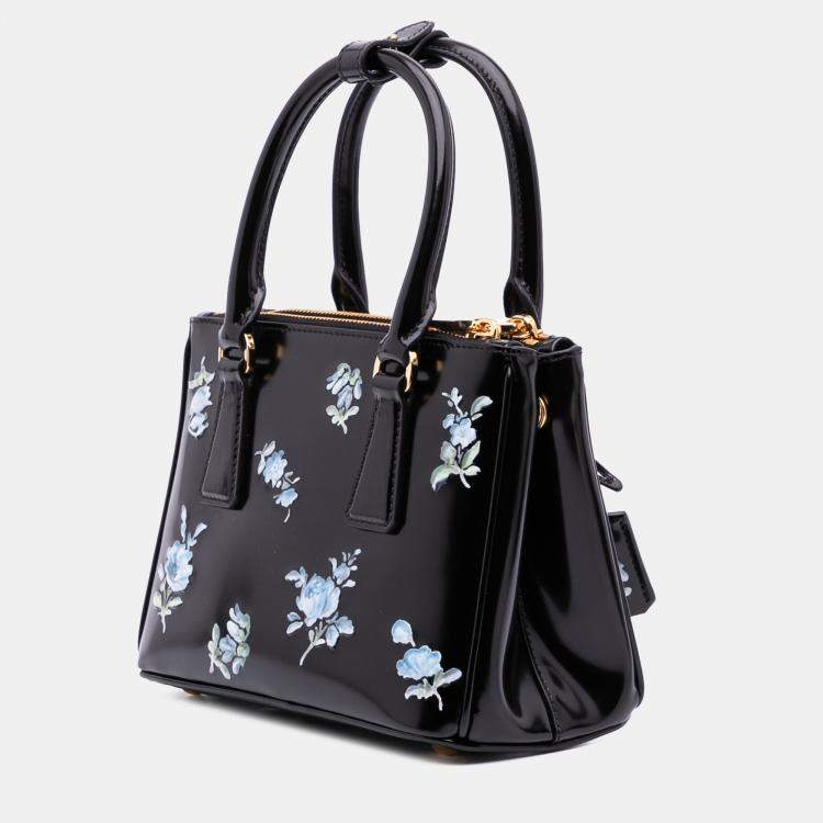 Pre Owned Prada Black Mini Brushed Leather Floral Print Galleria Double Zip Satchel