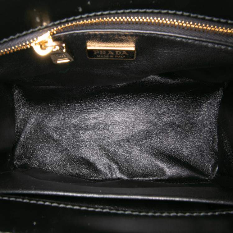 Pre Owned Prada Black Mini Brushed Leather Floral Print Galleria Double Zip Satchel