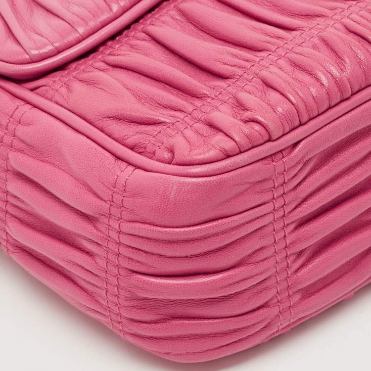 Pre Owned Prada Fuchsia Nappa Gaufre Leather Flap Shoulder Bag