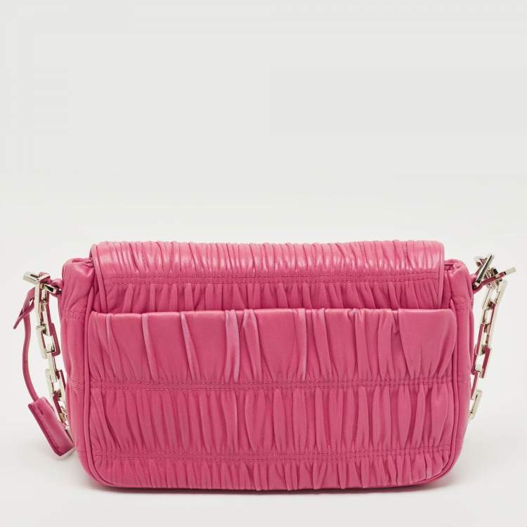 Pre Owned Prada Fuchsia Nappa Gaufre Leather Flap Shoulder Bag