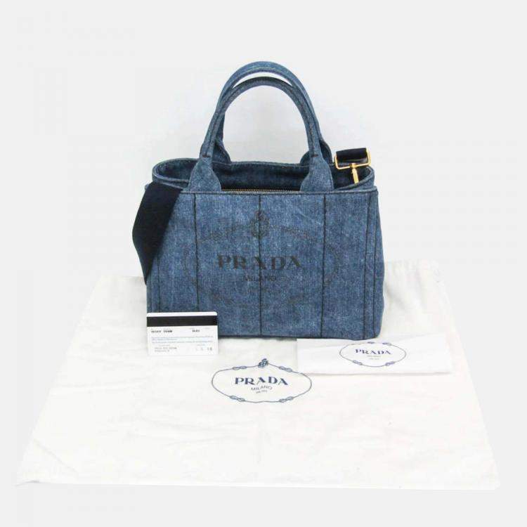 Pre Owned Prada Canapa Blue Denim Tote Bag