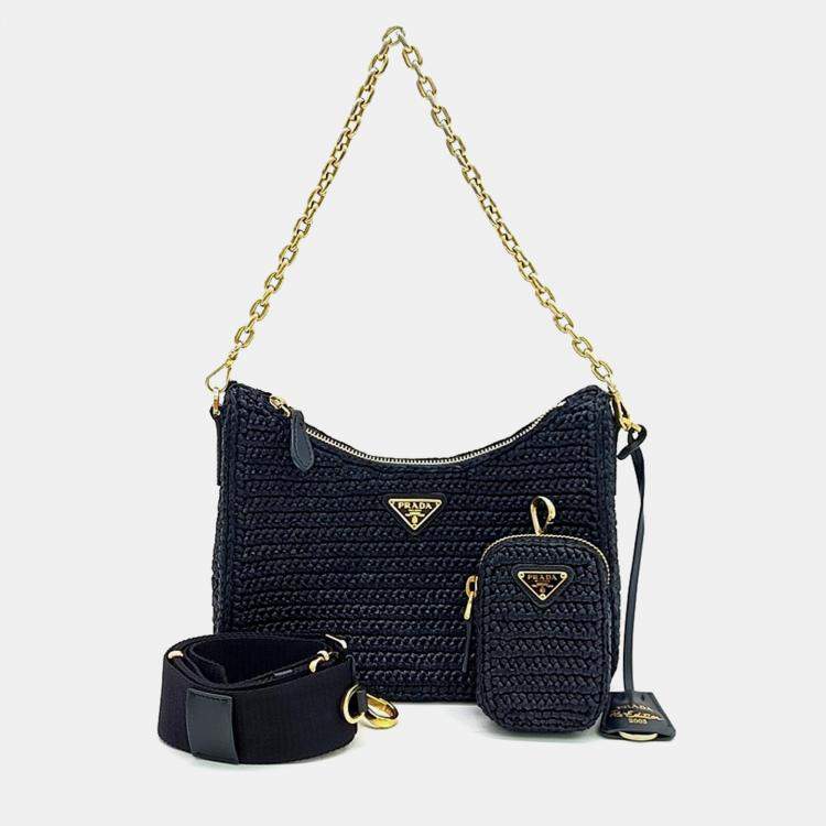 Pre Owned Prada Black Raffia Raffia Chain Strap Hobo Bag