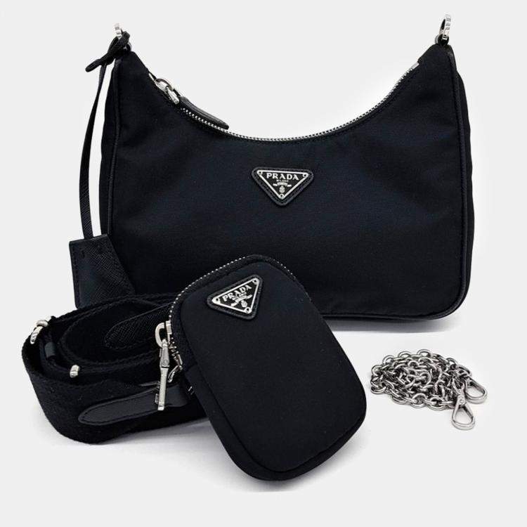 Pre Owned Prada Black Nylon Tessuto Chain Strap Hobo Bag