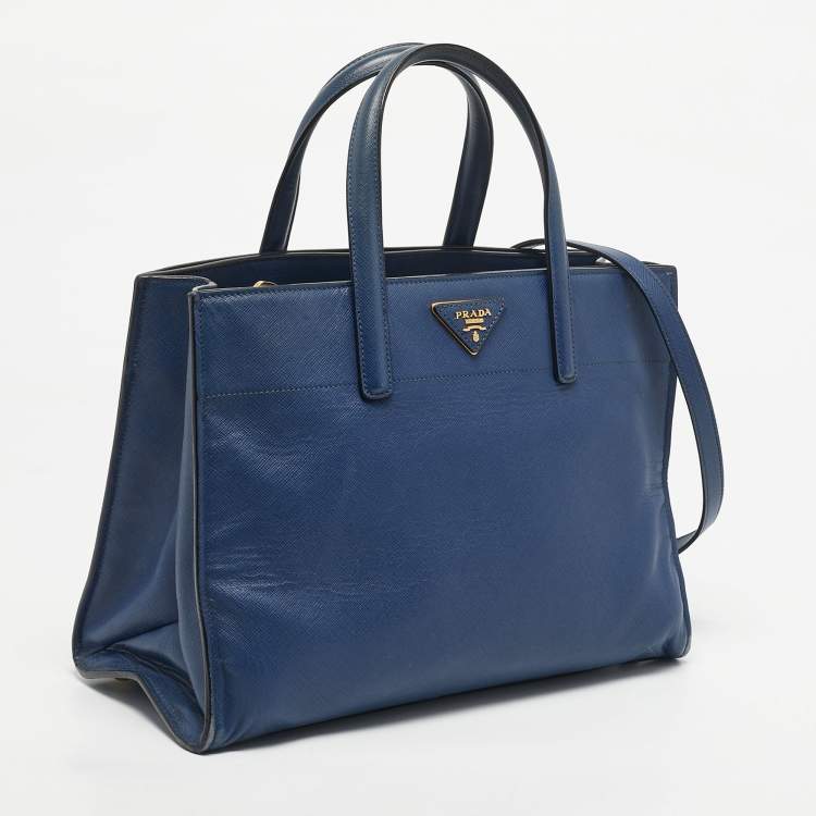 Pre Owned Prada Navy Blue Saffiano Cuir Leather Triple Pocket Tote