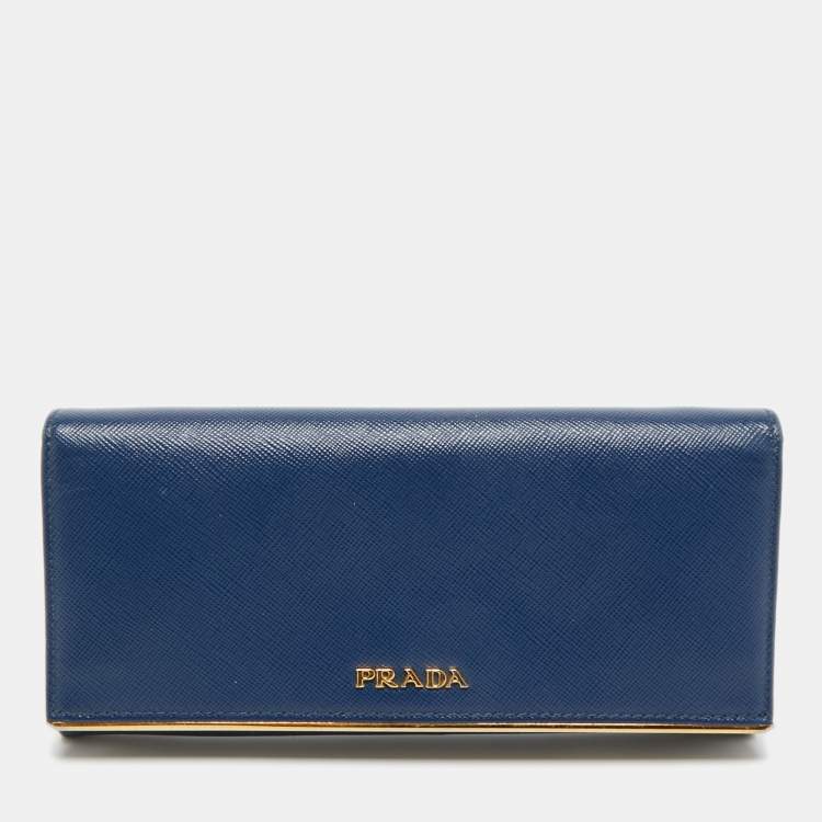 Pre Owned Prada Blue Saffiano Leather Metal Bar Flap Continental Wallet