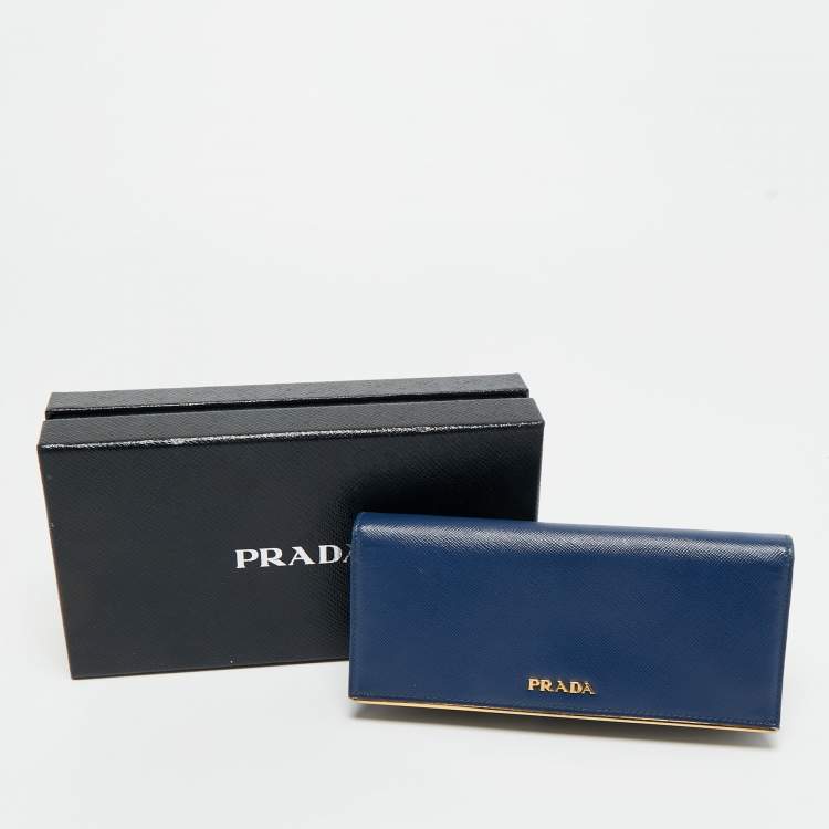 Pre Owned Prada Blue Saffiano Leather Metal Bar Flap Continental Wallet