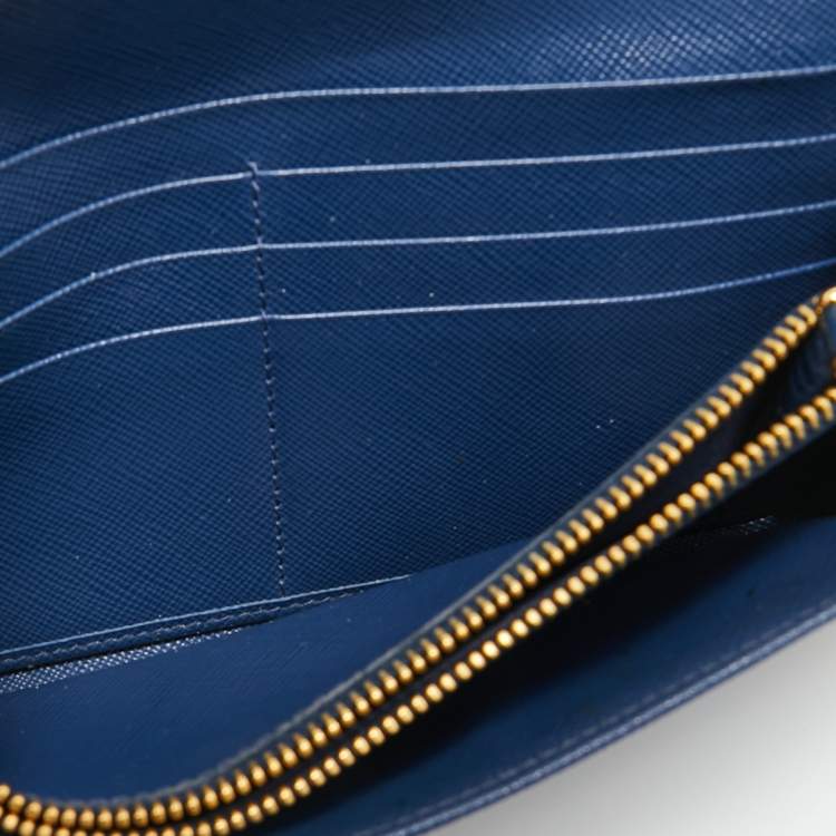 Pre Owned Prada Blue Saffiano Leather Metal Bar Flap Continental Wallet