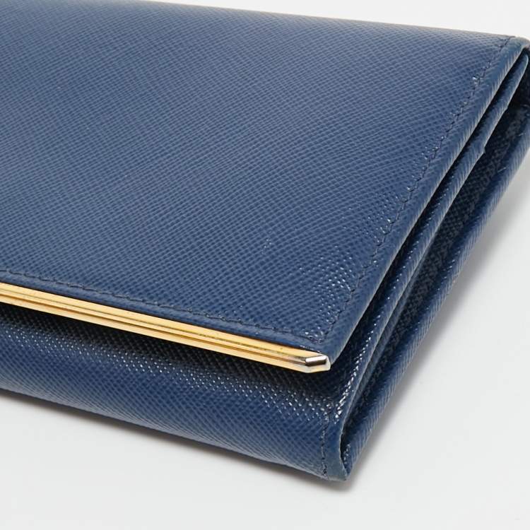 Pre Owned Prada Blue Saffiano Leather Metal Bar Flap Continental Wallet