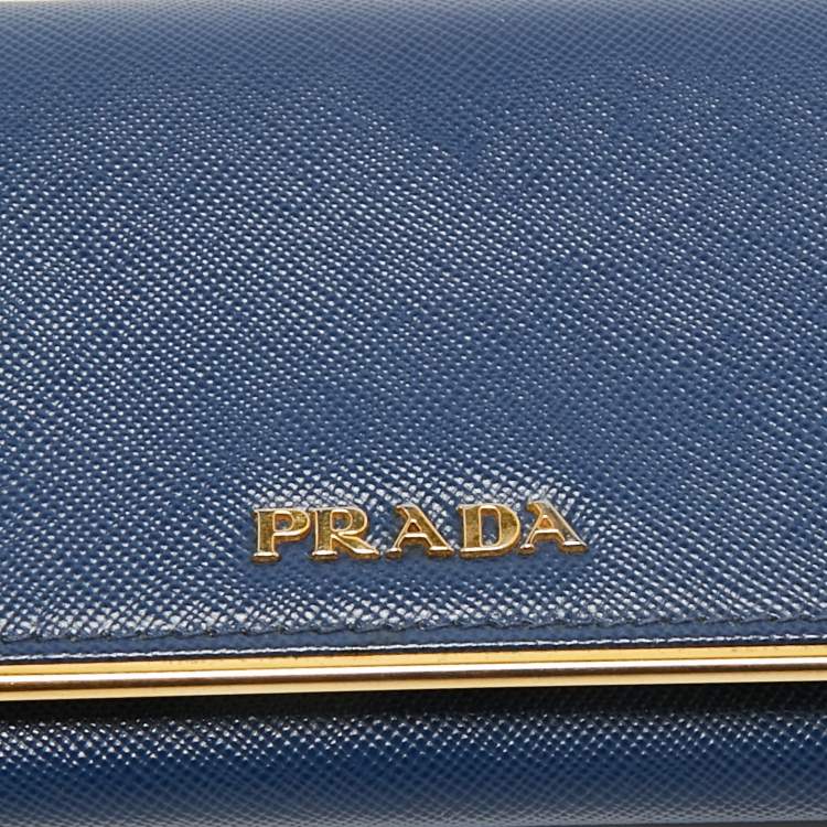 Pre Owned Prada Blue Saffiano Leather Metal Bar Flap Continental Wallet