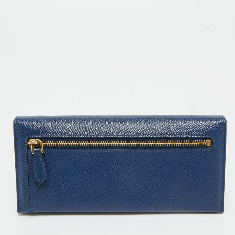 Pre Owned Prada Blue Saffiano Leather Metal Bar Flap Continental Wallet